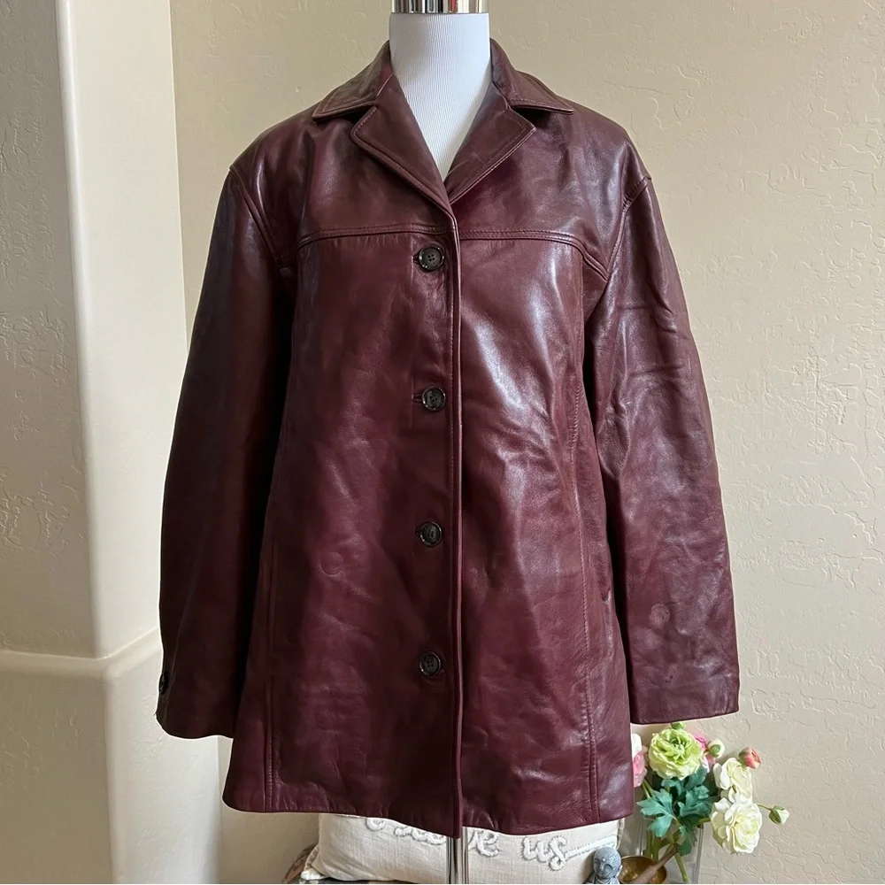 ZARA $349 100% Sheep Leather Burgundy Button Down Womens Jacket M